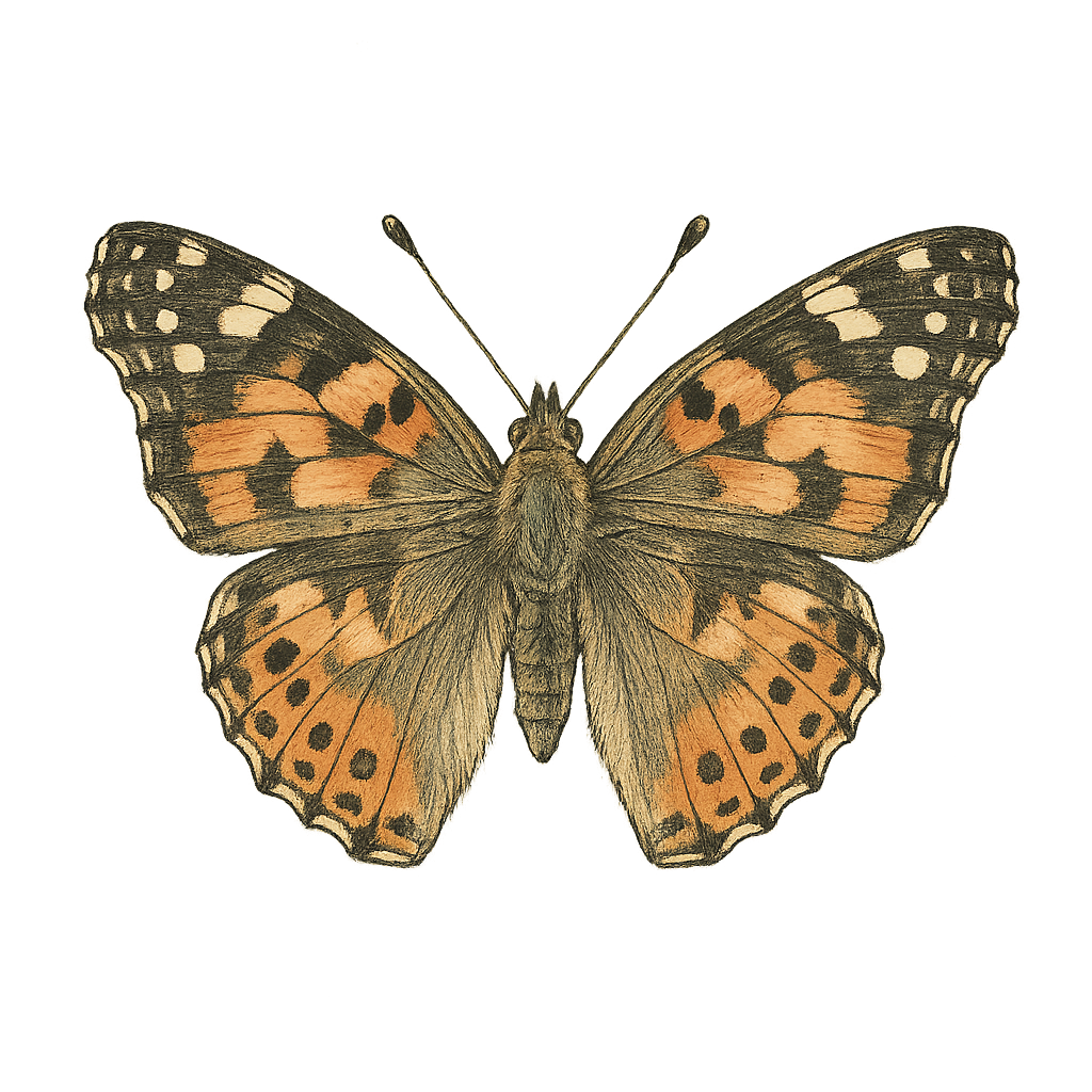 A hand-drawn, tranquil graphic of painted lady butterfly – a t-shirt design