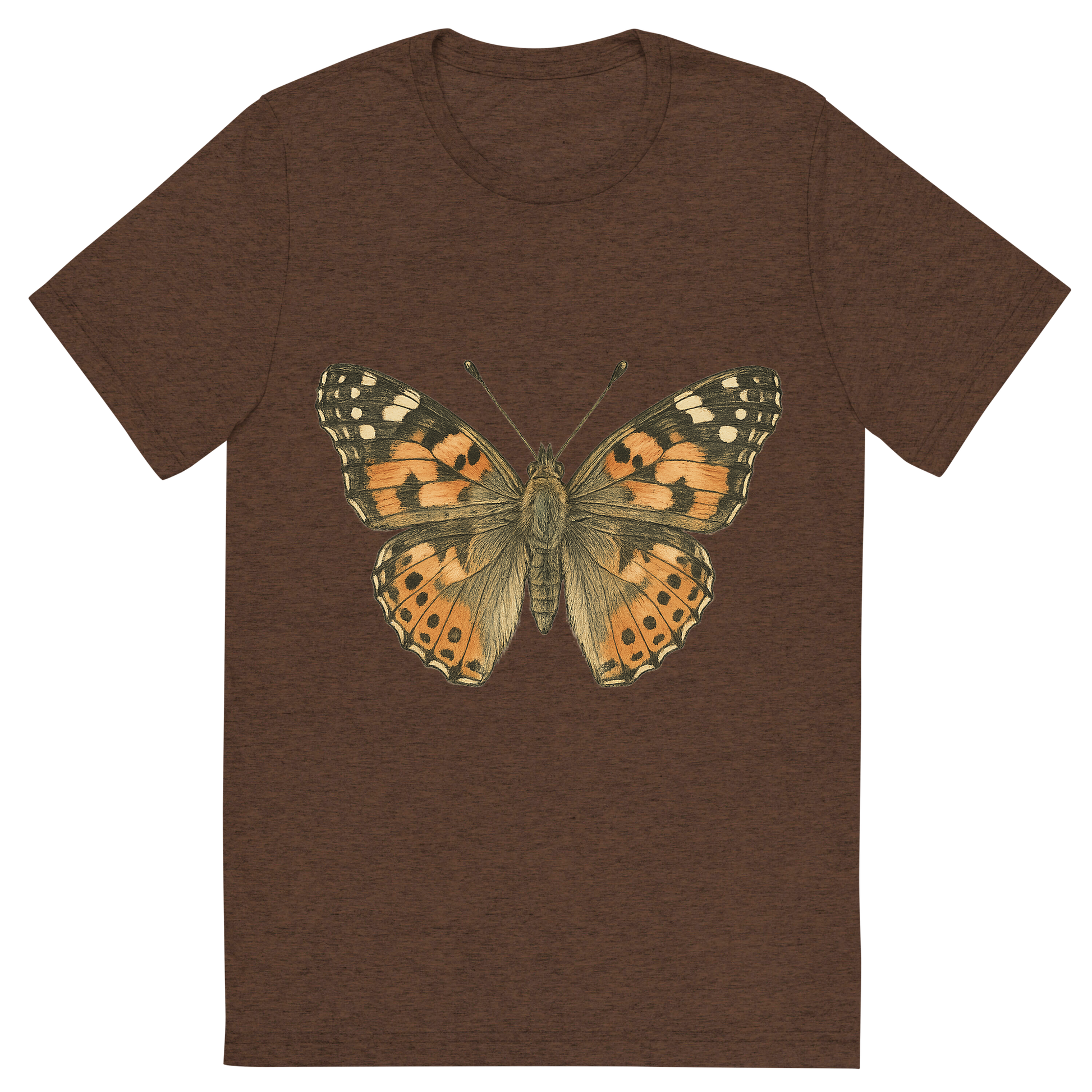 Front view of a Premium Tri-Blend Crew Neck T-Shirt in Brown showing 'A hand-drawn, tranquil graphic of painted lady butterfly'