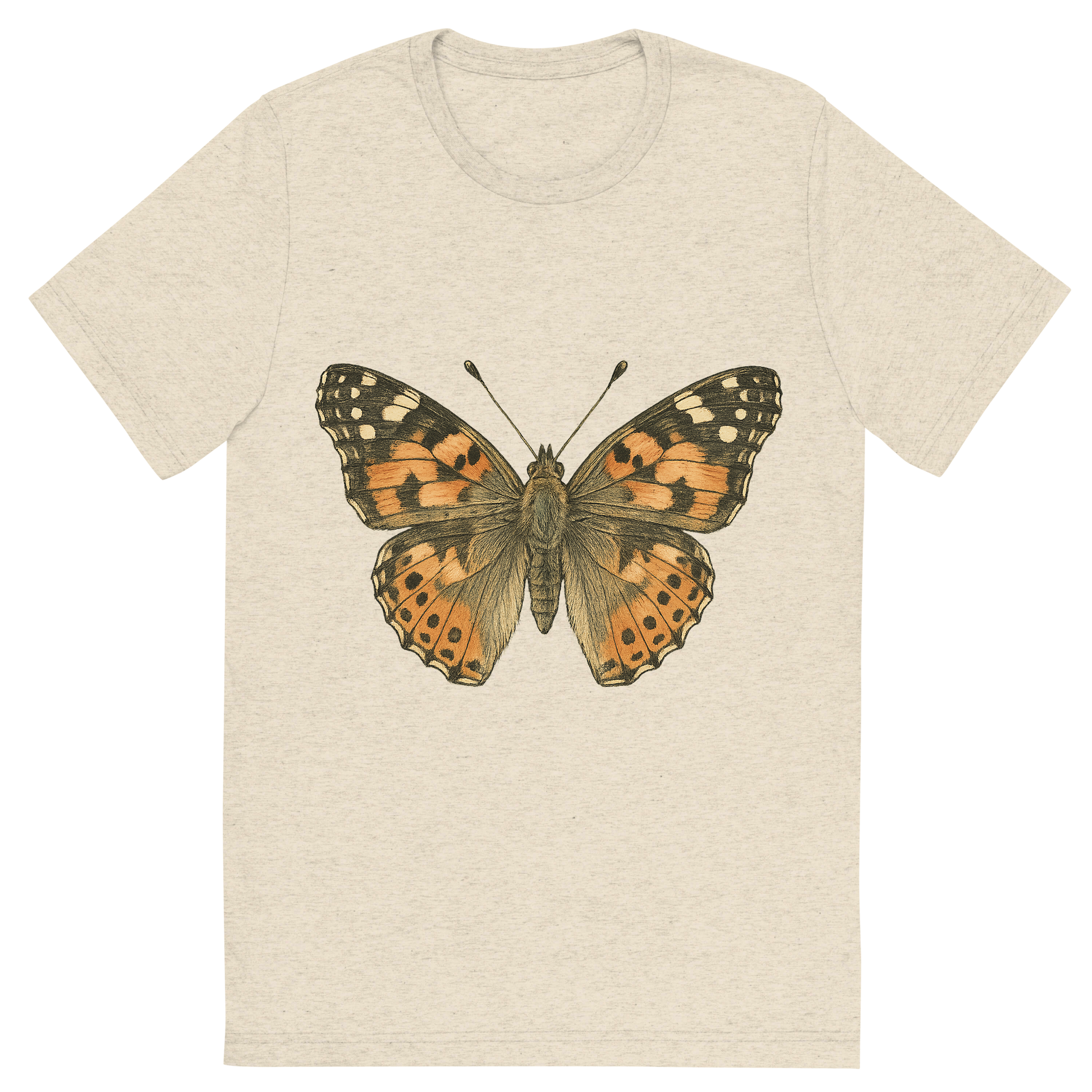 Front view of a Premium Tri-Blend Crew Neck T-Shirt in Oatmeal showing 'A hand-drawn, tranquil graphic of painted lady butterfly'
