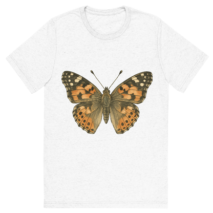 Front view of a Premium Tri-Blend Crew Neck T-Shirt in Solid White showing 'A hand-drawn, tranquil graphic of painted lady butterfly'