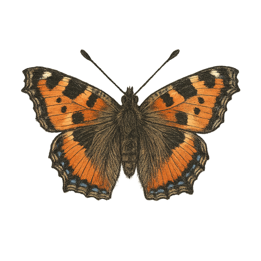 A hand-drawn, tranquil graphic of small tortoiseshell butterfly – a t-shirt design