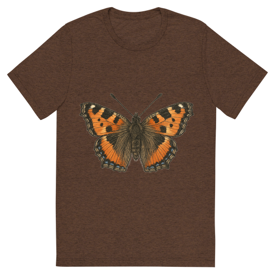 Front view of a Premium Tri-Blend Crew Neck T-Shirt in Brown showing 'A hand-drawn, tranquil graphic of small tortoiseshell butterfly'