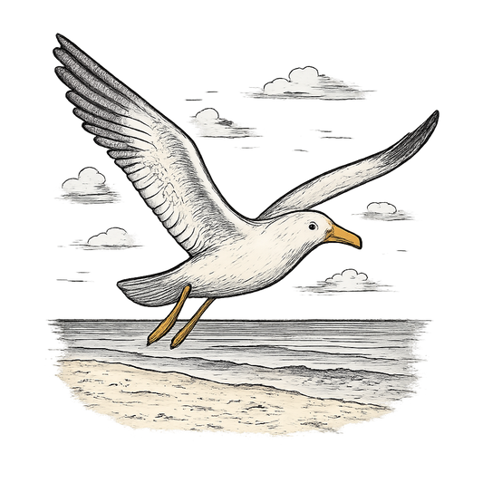 A hand-drawn ink with pops of color, free graphic of a hand-drawn seagull soaring above the beach with wings outstretched, subtle pops of gray and yellow, centered composition, transparent background, optimized for dtg printing - a t-shirt design