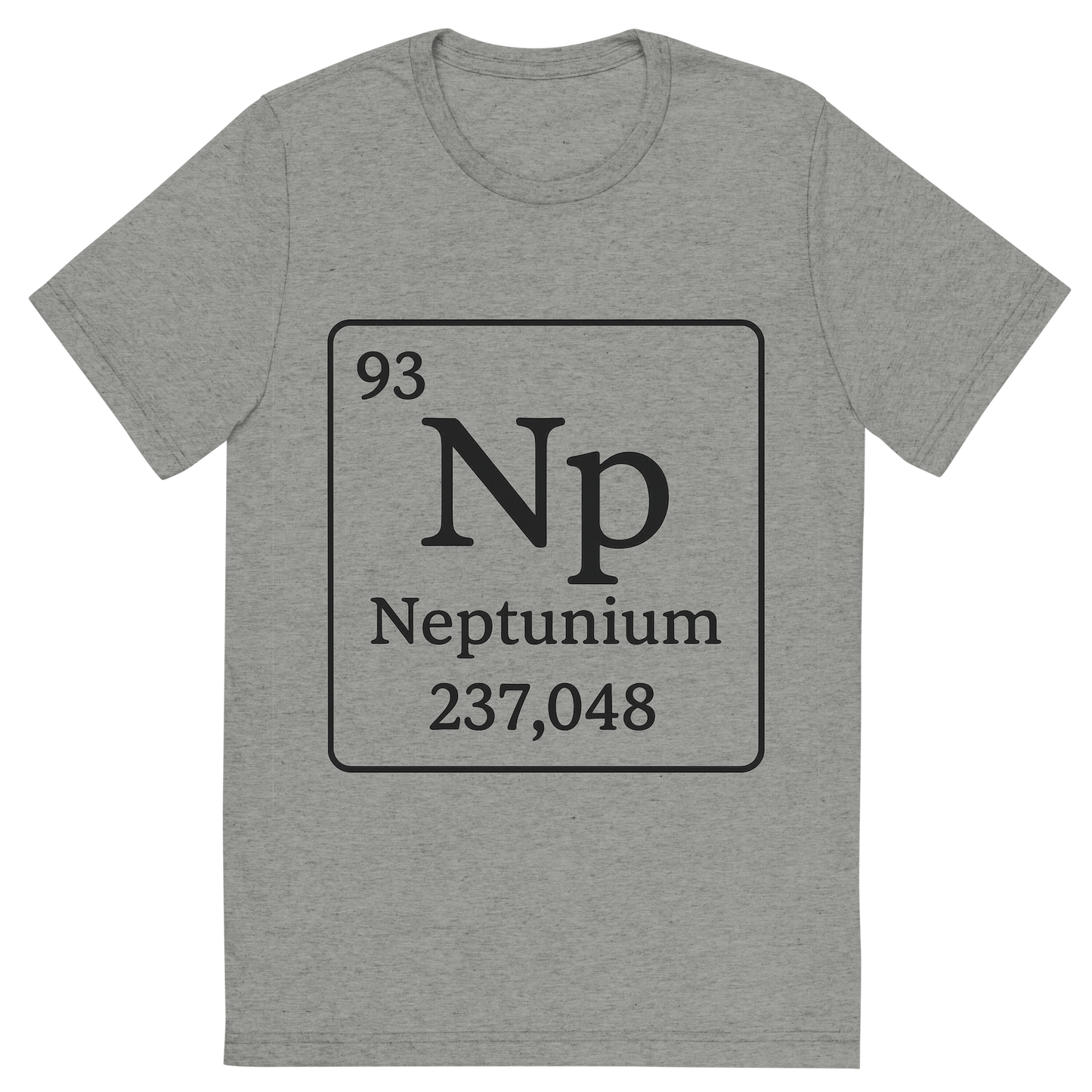 Front view of a Premium Tri-Blend Crew Neck T-Shirt in Athletic Grey showing 'A line art, nostalgic graphic of neptunium's entry on the periodic table, use a dark color for the lines and text'