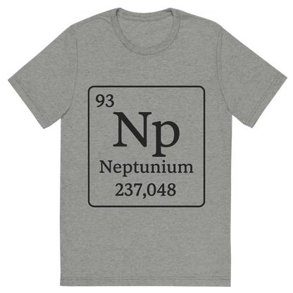 Front view of a Premium Tri-Blend Crew Neck T-Shirt in Athletic Grey showing 'A line art, nostalgic graphic of neptunium's entry on the periodic table, use a dark color for the lines and text'
