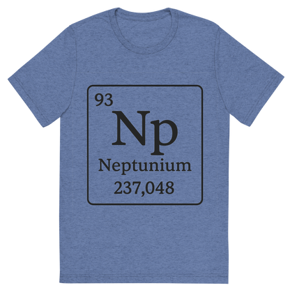 Front view of a Premium Tri-Blend Crew Neck T-Shirt in Blue showing 'A line art, nostalgic graphic of neptunium's entry on the periodic table, use a dark color for the lines and text'