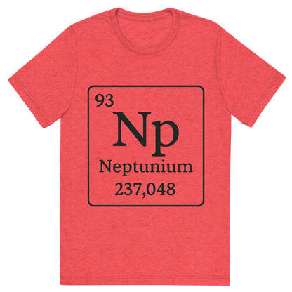 Front view of a Premium Tri-Blend Crew Neck T-Shirt in Red showing 'A line art, nostalgic graphic of neptunium's entry on the periodic table, use a dark color for the lines and text'
