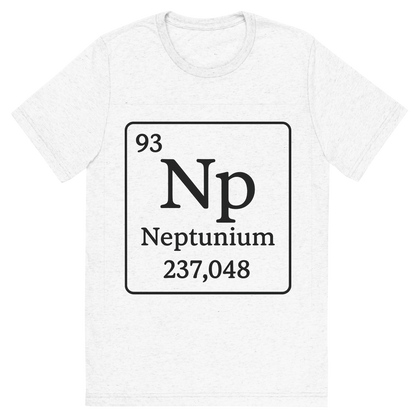 Front view of a Premium Tri-Blend Crew Neck T-Shirt in Solid White showing 'A line art, nostalgic graphic of neptunium's entry on the periodic table, use a dark color for the lines and text'