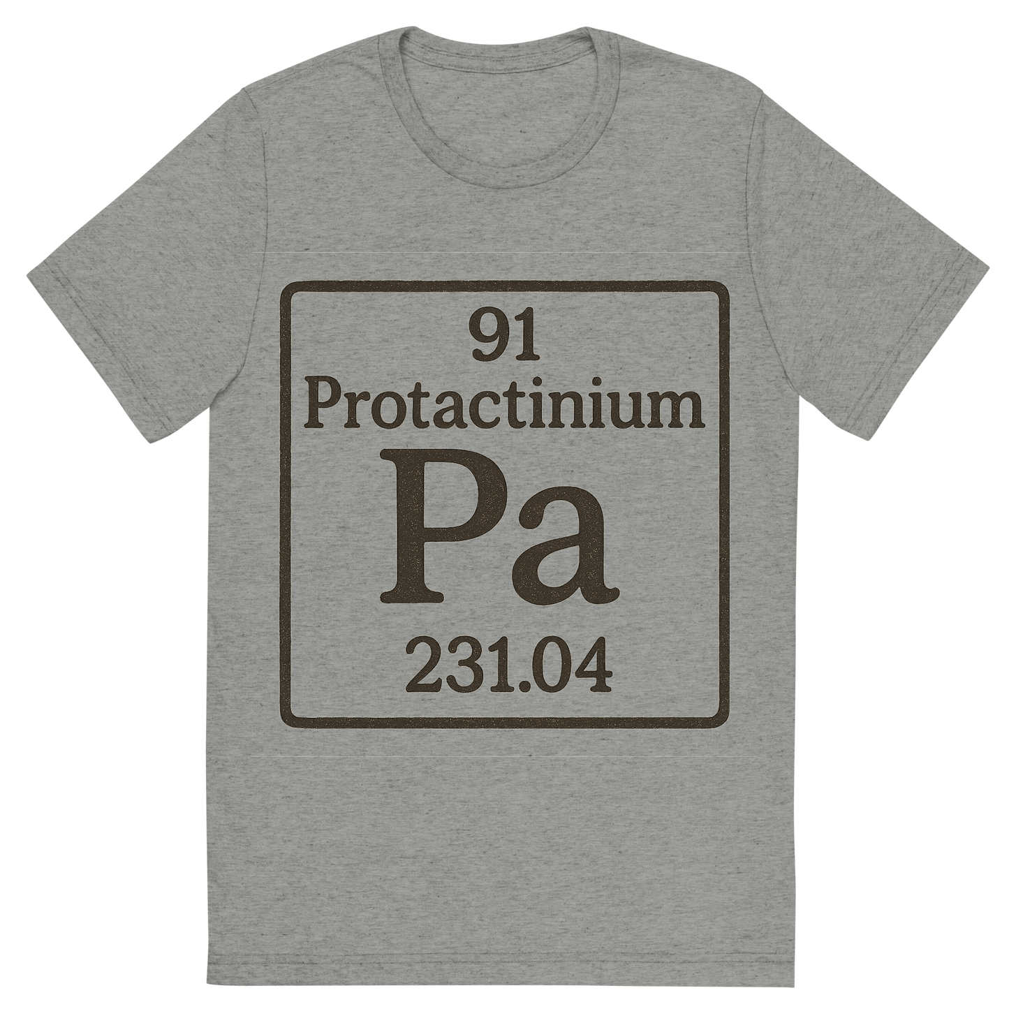 Front view of a Premium Tri-Blend Crew Neck T-Shirt in Athletic Grey showing 'A line art, nostalgic graphic of protactinium's entry on the periodic table, use a dark color for the lines and text'