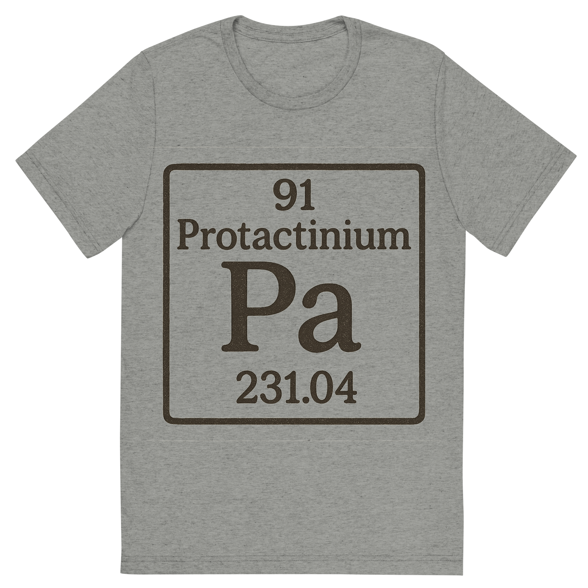 Front view of a Premium Tri-Blend Crew Neck T-Shirt in Athletic Grey showing 'A line art, nostalgic graphic of protactinium's entry on the periodic table, use a dark color for the lines and text'
