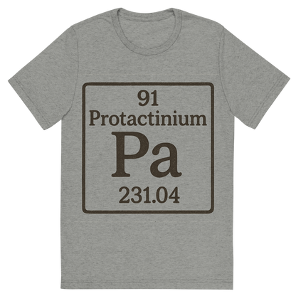 Front view of a Premium Tri-Blend Crew Neck T-Shirt in Athletic Grey showing 'A line art, nostalgic graphic of protactinium's entry on the periodic table, use a dark color for the lines and text'