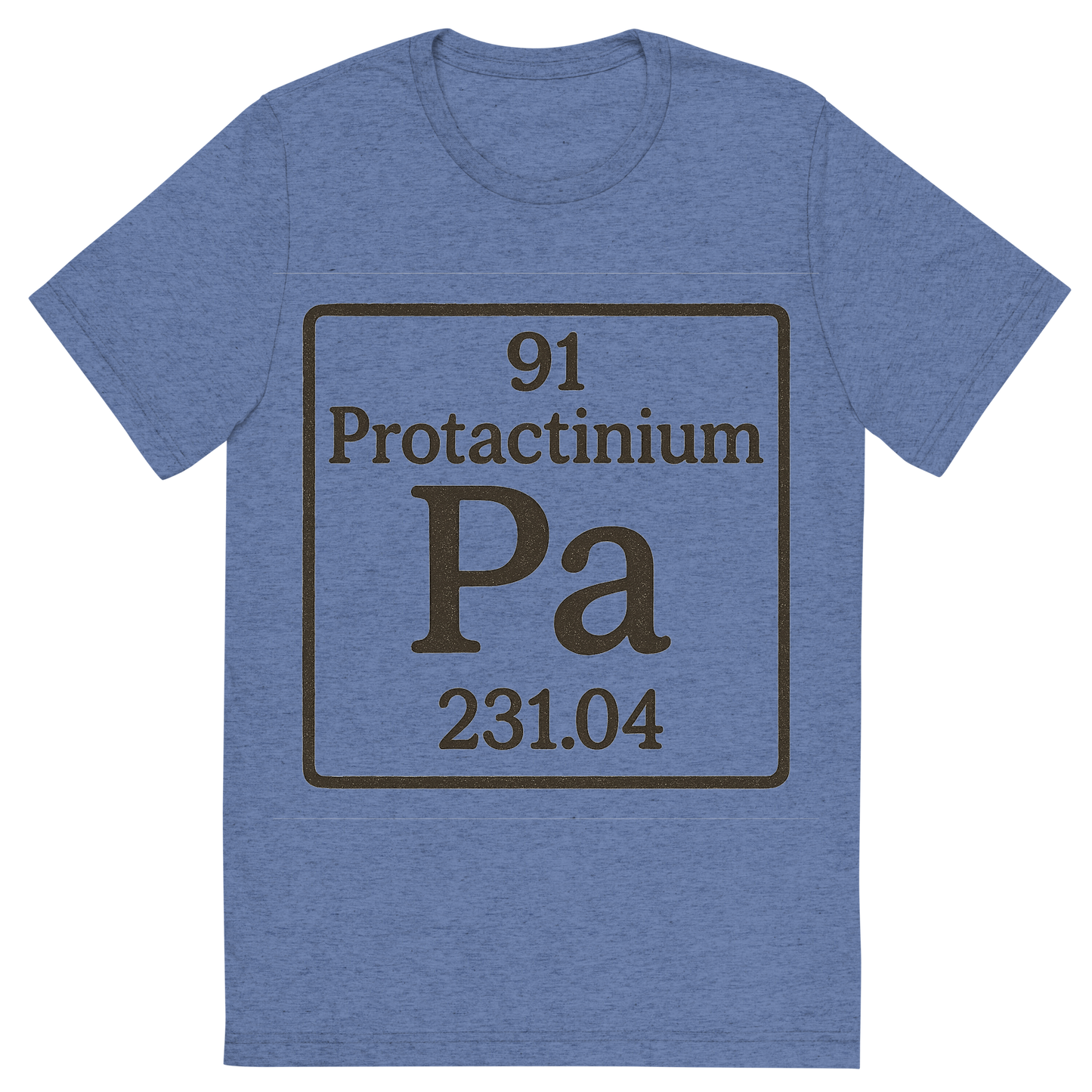 Front view of a Premium Tri-Blend Crew Neck T-Shirt in Blue showing 'A line art, nostalgic graphic of protactinium's entry on the periodic table, use a dark color for the lines and text'