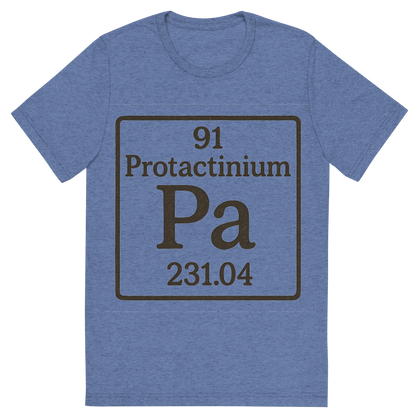 Front view of a Premium Tri-Blend Crew Neck T-Shirt in Blue showing 'A line art, nostalgic graphic of protactinium's entry on the periodic table, use a dark color for the lines and text'