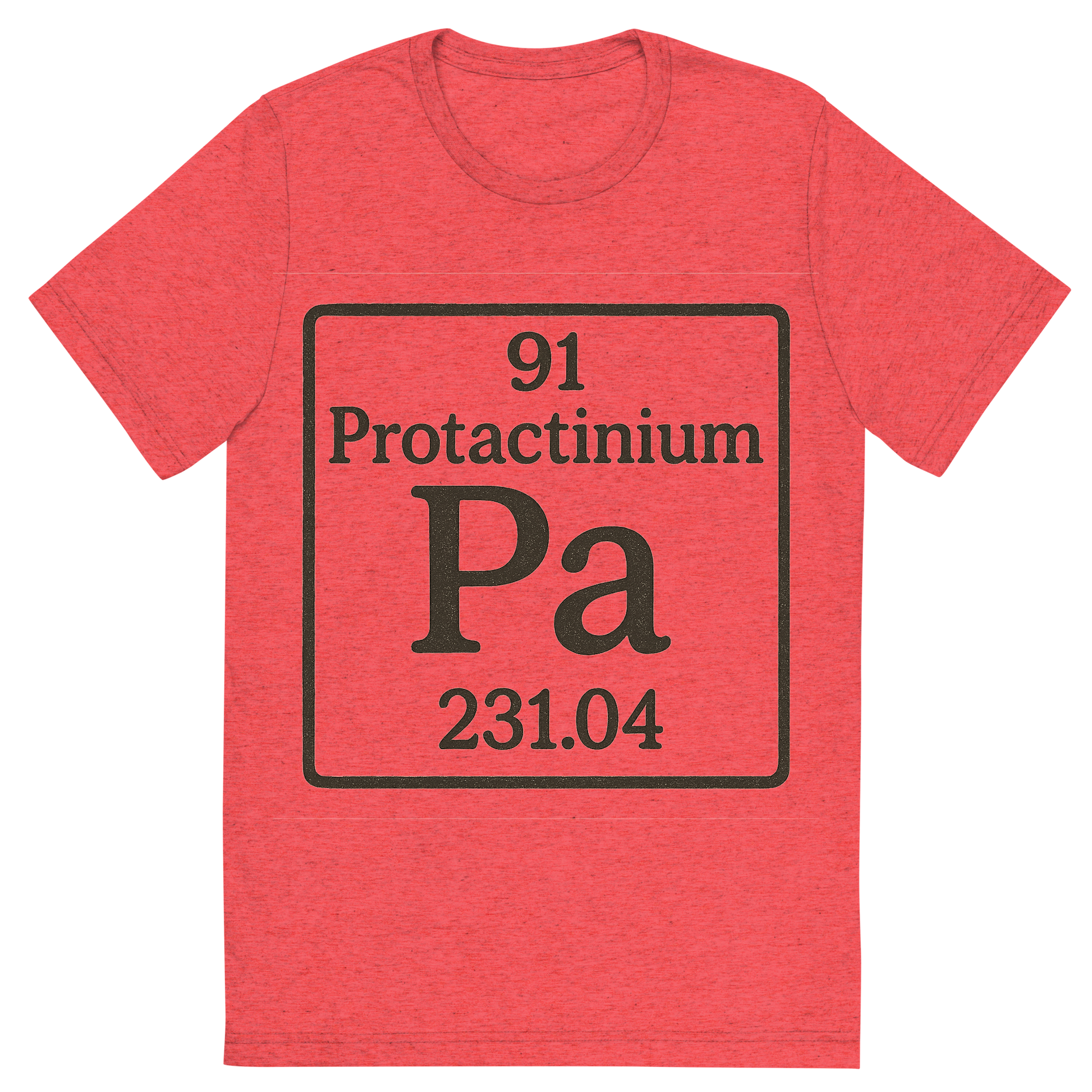 Front view of a Premium Tri-Blend Crew Neck T-Shirt in Red showing 'A line art, nostalgic graphic of protactinium's entry on the periodic table, use a dark color for the lines and text'