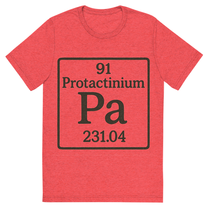Front view of a Premium Tri-Blend Crew Neck T-Shirt in Red showing 'A line art, nostalgic graphic of protactinium's entry on the periodic table, use a dark color for the lines and text'