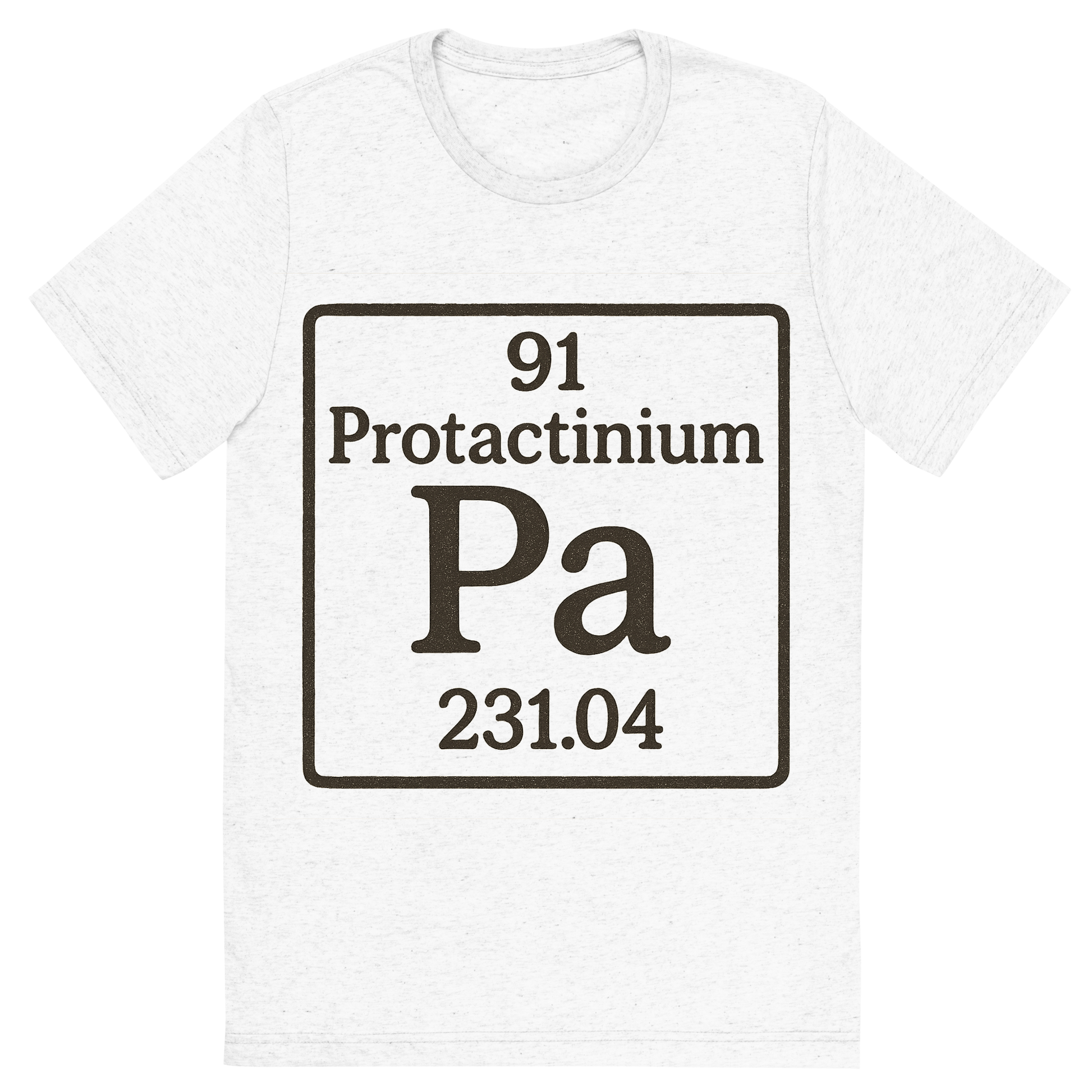 Front view of a Premium Tri-Blend Crew Neck T-Shirt in Solid White showing 'A line art, nostalgic graphic of protactinium's entry on the periodic table, use a dark color for the lines and text'