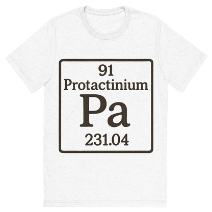Front view of a Premium Tri-Blend Crew Neck T-Shirt in Solid White showing 'A line art, nostalgic graphic of protactinium's entry on the periodic table, use a dark color for the lines and text'