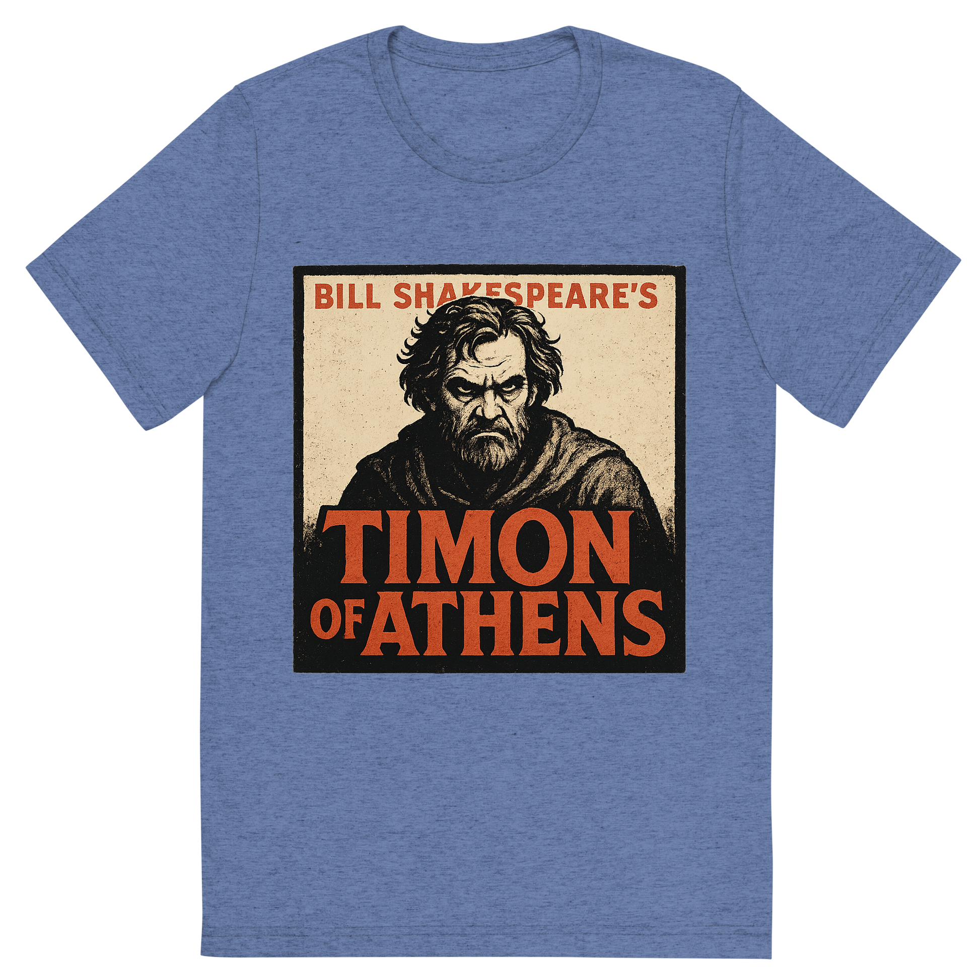 Front view of a Premium Tri-Blend Crew Neck T-Shirt in Blue showing 'A retro, edgy graphic of a visual representation of a key theme and character from william shakespeare's timon of athens'