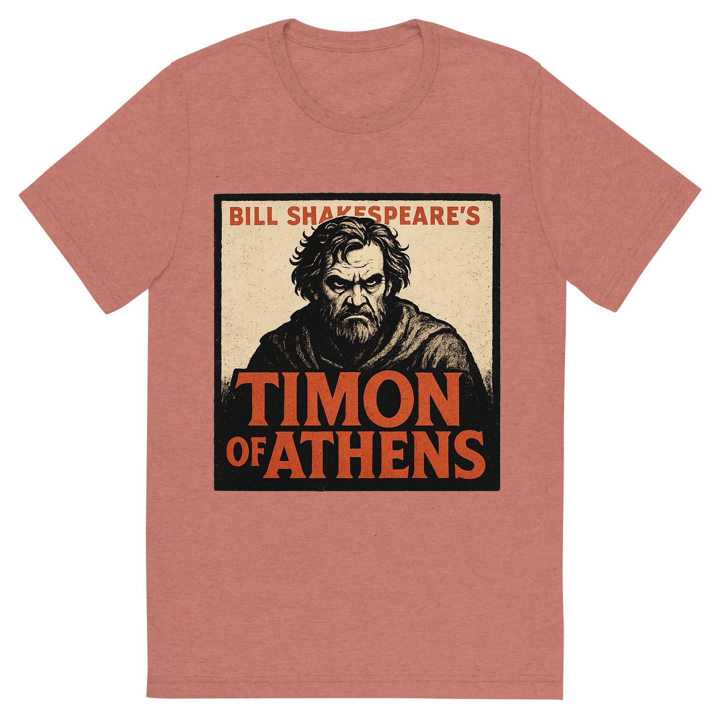 Front view of a Premium Tri-Blend Crew Neck T-Shirt in Mauve showing 'A retro, edgy graphic of a visual representation of a key theme and character from william shakespeare's timon of athens'