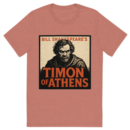 Front view of a Premium Tri-Blend Crew Neck T-Shirt in Mauve showing 'A retro, edgy graphic of a visual representation of a key theme and character from william shakespeare's timon of athens'