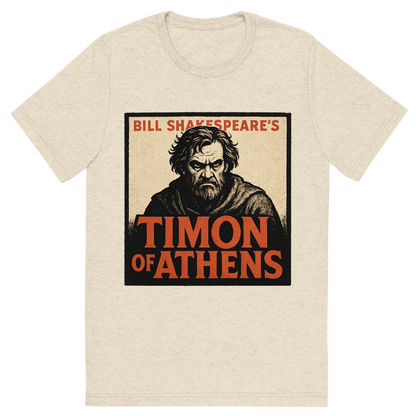 Front view of a Premium Tri-Blend Crew Neck T-Shirt in Oatmeal showing 'A retro, edgy graphic of a visual representation of a key theme and character from william shakespeare's timon of athens'