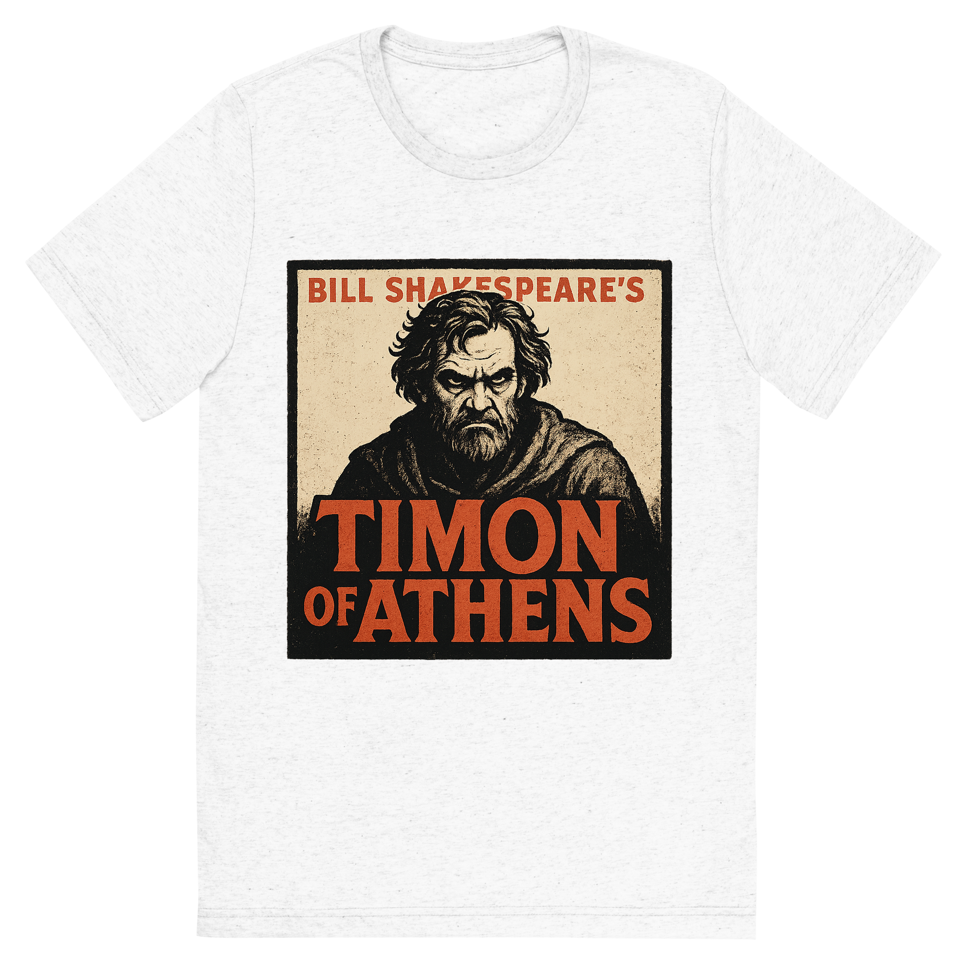Front view of a Premium Tri-Blend Crew Neck T-Shirt in Solid White showing 'A retro, edgy graphic of a visual representation of a key theme and character from william shakespeare's timon of athens'