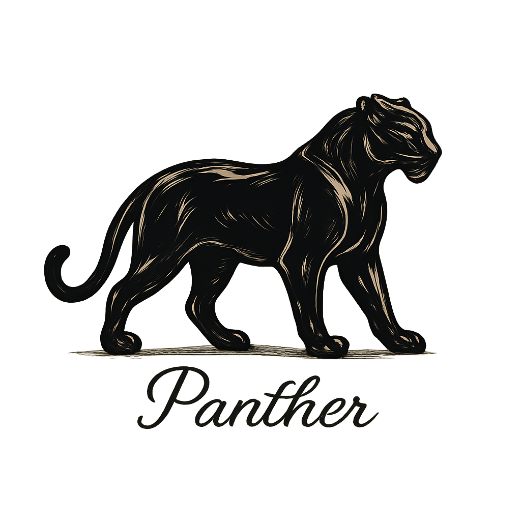 A flat, neutral graphic of a stylized panther silhouette with poised stance and glossy coat. “panther” is written below in cursive. detailed ink illustration on a white background. - a t-shirt design