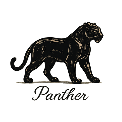 A flat, neutral graphic of a stylized panther silhouette with poised stance and glossy coat. “panther” is written below in cursive. detailed ink illustration on a white background. - a t-shirt design