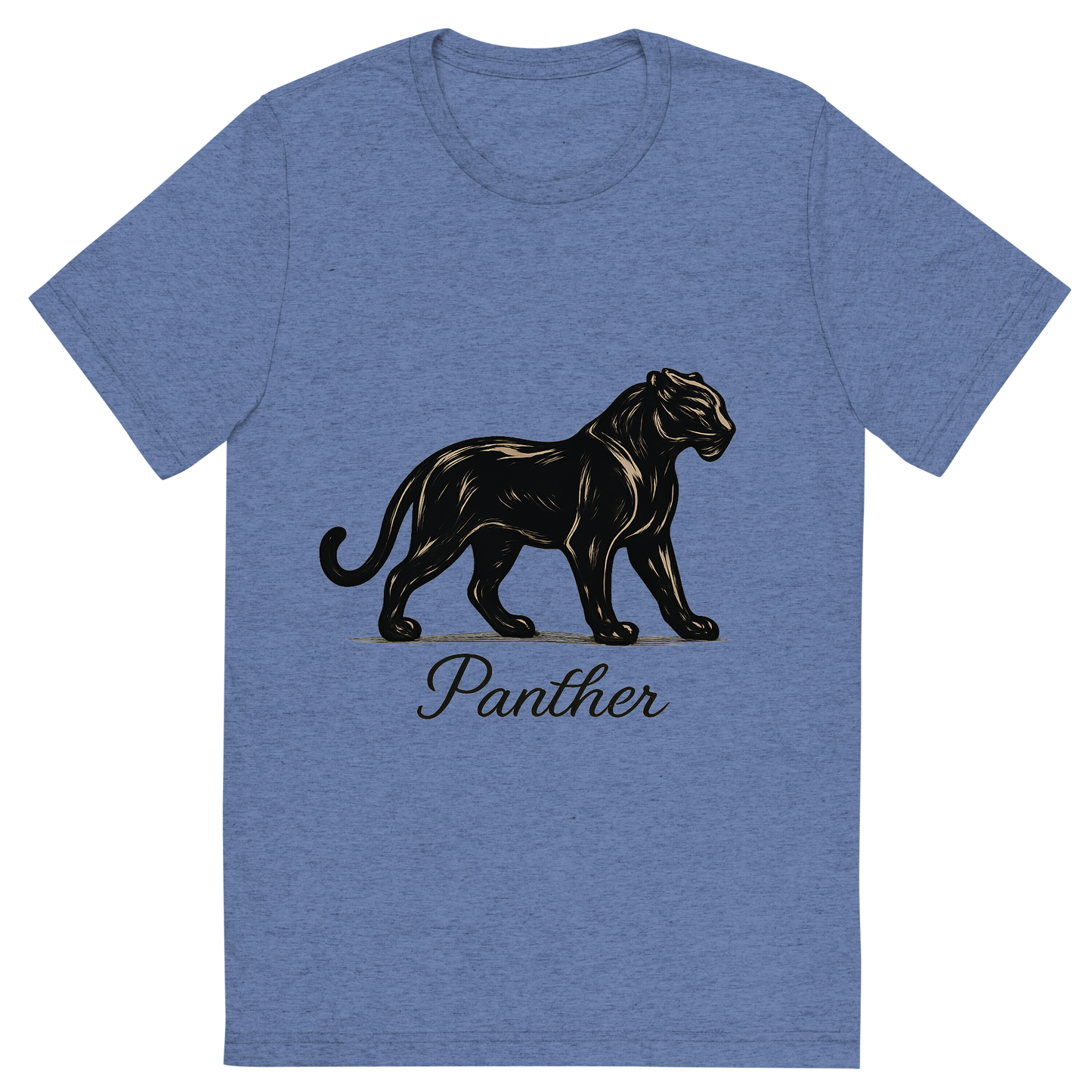 Front view of a Premium Tri-Blend Crew Neck T-Shirt in Blue showing 'A flat, neutral graphic of a stylized panther silhouette with poised stance and glossy coat. “panther” is written below in cursive. detailed ink illustration on a white background.'
