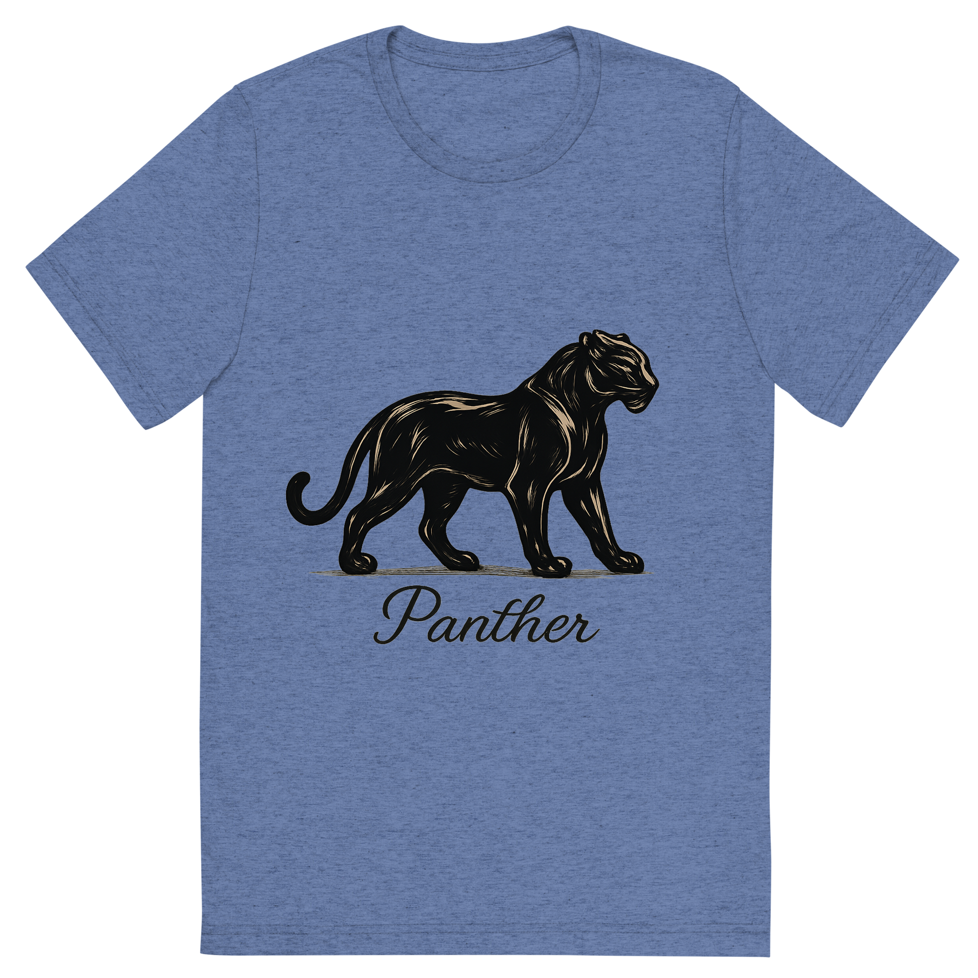 Front view of a Premium Tri-Blend Crew Neck T-Shirt in Blue showing 'A flat, neutral graphic of a stylized panther silhouette with poised stance and glossy coat. “panther” is written below in cursive. detailed ink illustration on a white background.'