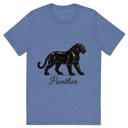 Front view of a Premium Tri-Blend Crew Neck T-Shirt in Blue showing 'A flat, neutral graphic of a stylized panther silhouette with poised stance and glossy coat. “panther” is written below in cursive. detailed ink illustration on a white background.'