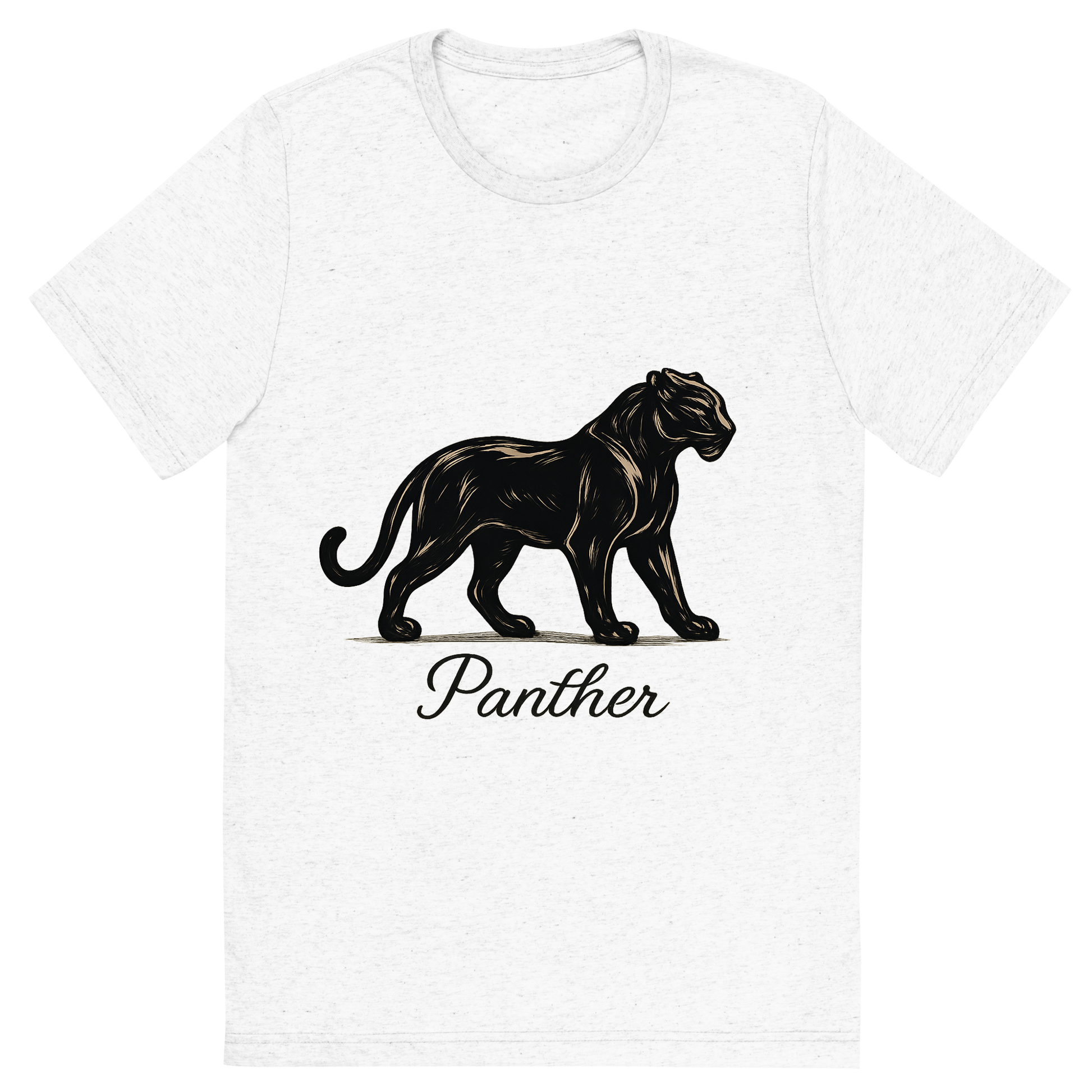 Front view of a Premium Tri-Blend Crew Neck T-Shirt in Solid White showing 'A flat, neutral graphic of a stylized panther silhouette with poised stance and glossy coat. “panther” is written below in cursive. detailed ink illustration on a white background.'