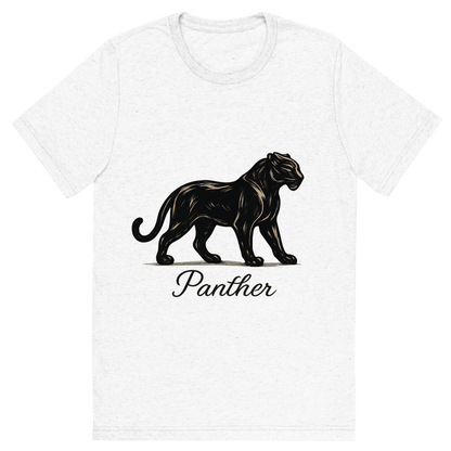 Front view of a Premium Tri-Blend Crew Neck T-Shirt in Solid White showing 'A flat, neutral graphic of a stylized panther silhouette with poised stance and glossy coat. “panther” is written below in cursive. detailed ink illustration on a white background.'