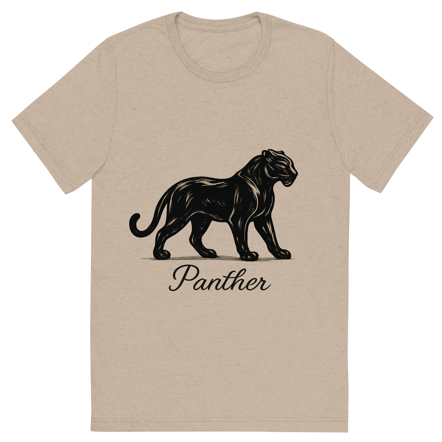 Front view of a Premium Tri-Blend Crew Neck T-Shirt in Tan showing 'A flat, neutral graphic of a stylized panther silhouette with poised stance and glossy coat. “panther” is written below in cursive. detailed ink illustration on a white background.'