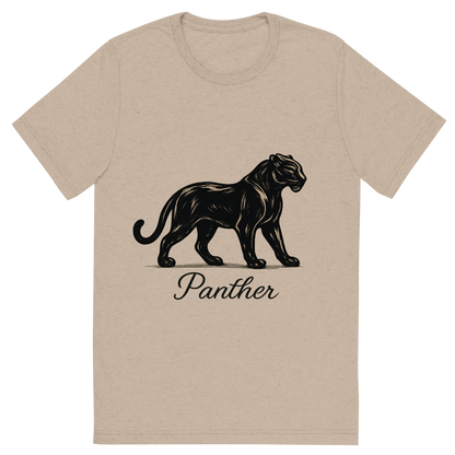 Front view of a Premium Tri-Blend Crew Neck T-Shirt in Tan showing 'A flat, neutral graphic of a stylized panther silhouette with poised stance and glossy coat. “panther” is written below in cursive. detailed ink illustration on a white background.'