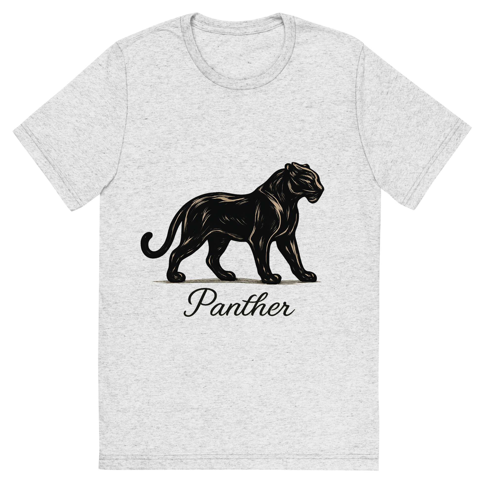 Front view of a Premium Tri-Blend Crew Neck T-Shirt in White Fleck showing 'A flat, neutral graphic of a stylized panther silhouette with poised stance and glossy coat. “panther” is written below in cursive. detailed ink illustration on a white background.'