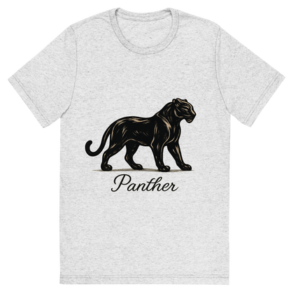 Front view of a Premium Tri-Blend Crew Neck T-Shirt in White Fleck showing 'A flat, neutral graphic of a stylized panther silhouette with poised stance and glossy coat. “panther” is written below in cursive. detailed ink illustration on a white background.'