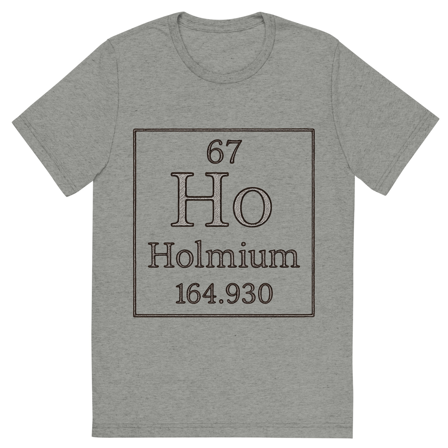Front view of a Premium Tri-Blend Crew Neck T-Shirt in Athletic Grey showing 'A line art, nostalgic graphic of holmium's entry on the periodic table, use a dark color for the lines and text'