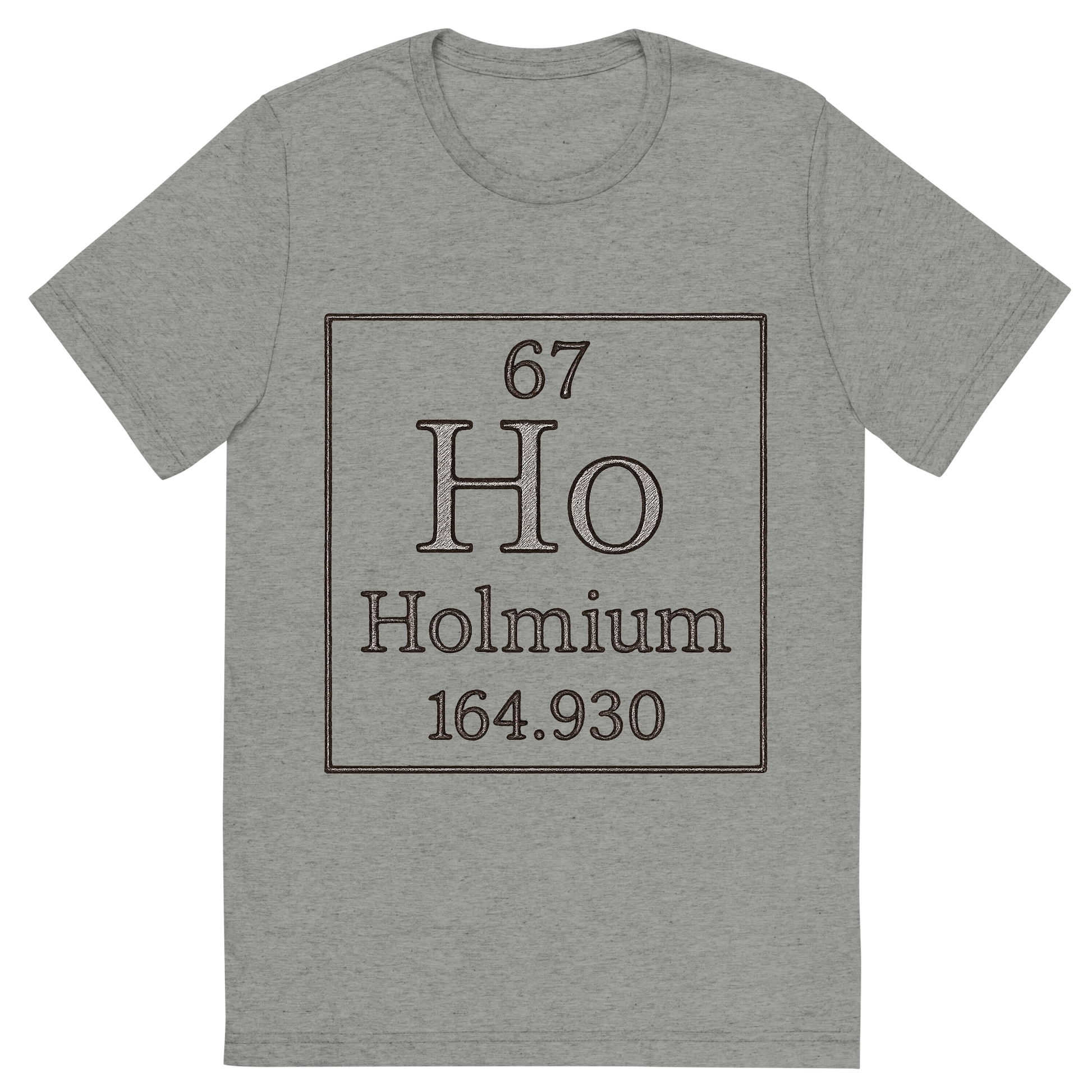 Front view of a Premium Tri-Blend Crew Neck T-Shirt in Athletic Grey showing 'A line art, nostalgic graphic of holmium's entry on the periodic table, use a dark color for the lines and text'