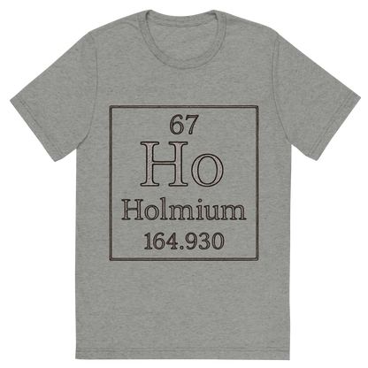 Front view of a Premium Tri-Blend Crew Neck T-Shirt in Athletic Grey showing 'A line art, nostalgic graphic of holmium's entry on the periodic table, use a dark color for the lines and text'