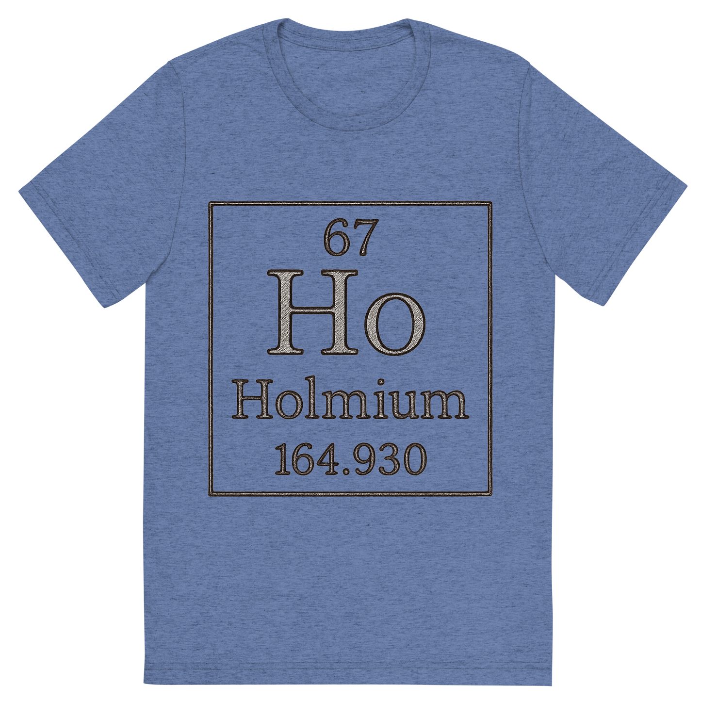 Front view of a Premium Tri-Blend Crew Neck T-Shirt in Blue showing 'A line art, nostalgic graphic of holmium's entry on the periodic table, use a dark color for the lines and text'