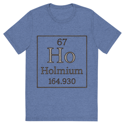 Front view of a Premium Tri-Blend Crew Neck T-Shirt in Blue showing 'A line art, nostalgic graphic of holmium's entry on the periodic table, use a dark color for the lines and text'