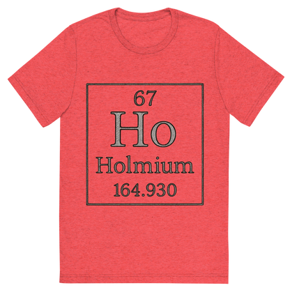 Front view of a Premium Tri-Blend Crew Neck T-Shirt in Red showing 'A line art, nostalgic graphic of holmium's entry on the periodic table, use a dark color for the lines and text'