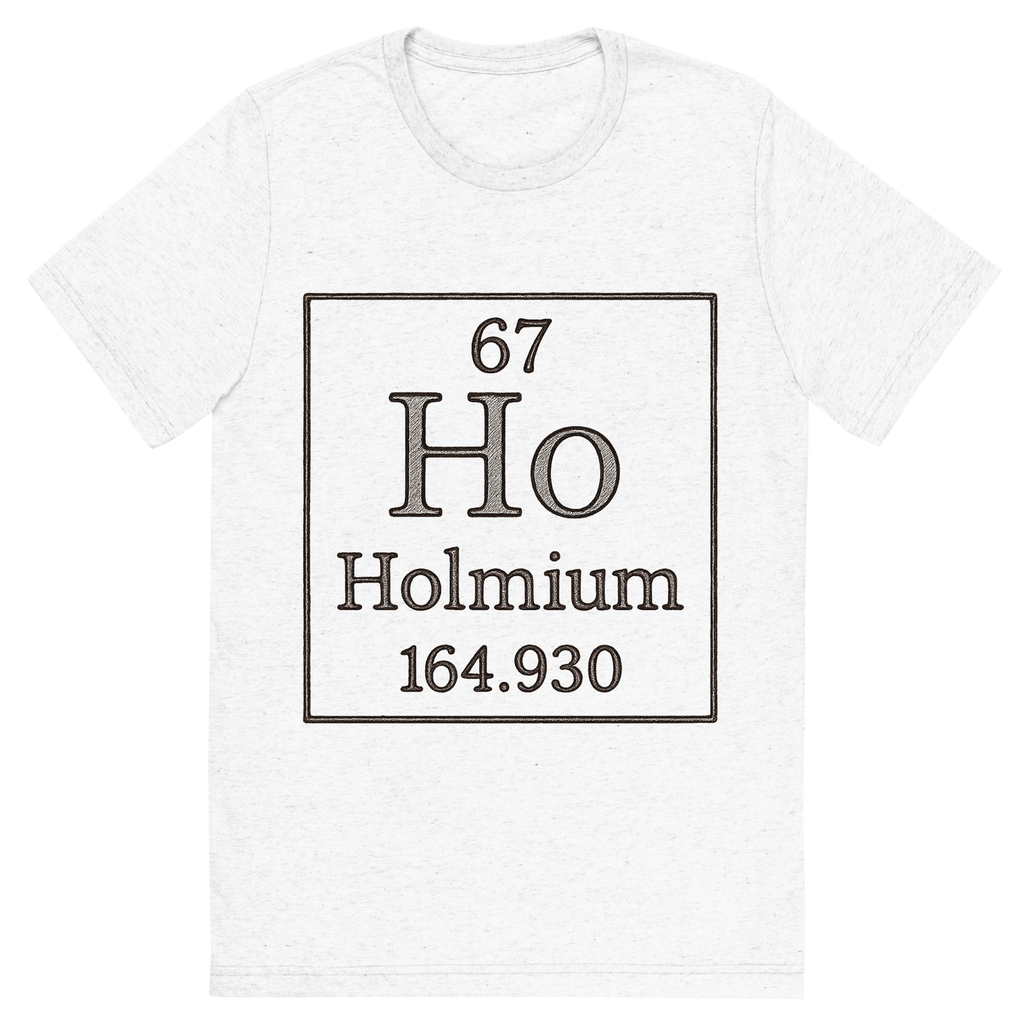 Front view of a Premium Tri-Blend Crew Neck T-Shirt in Solid White showing 'A line art, nostalgic graphic of holmium's entry on the periodic table, use a dark color for the lines and text'
