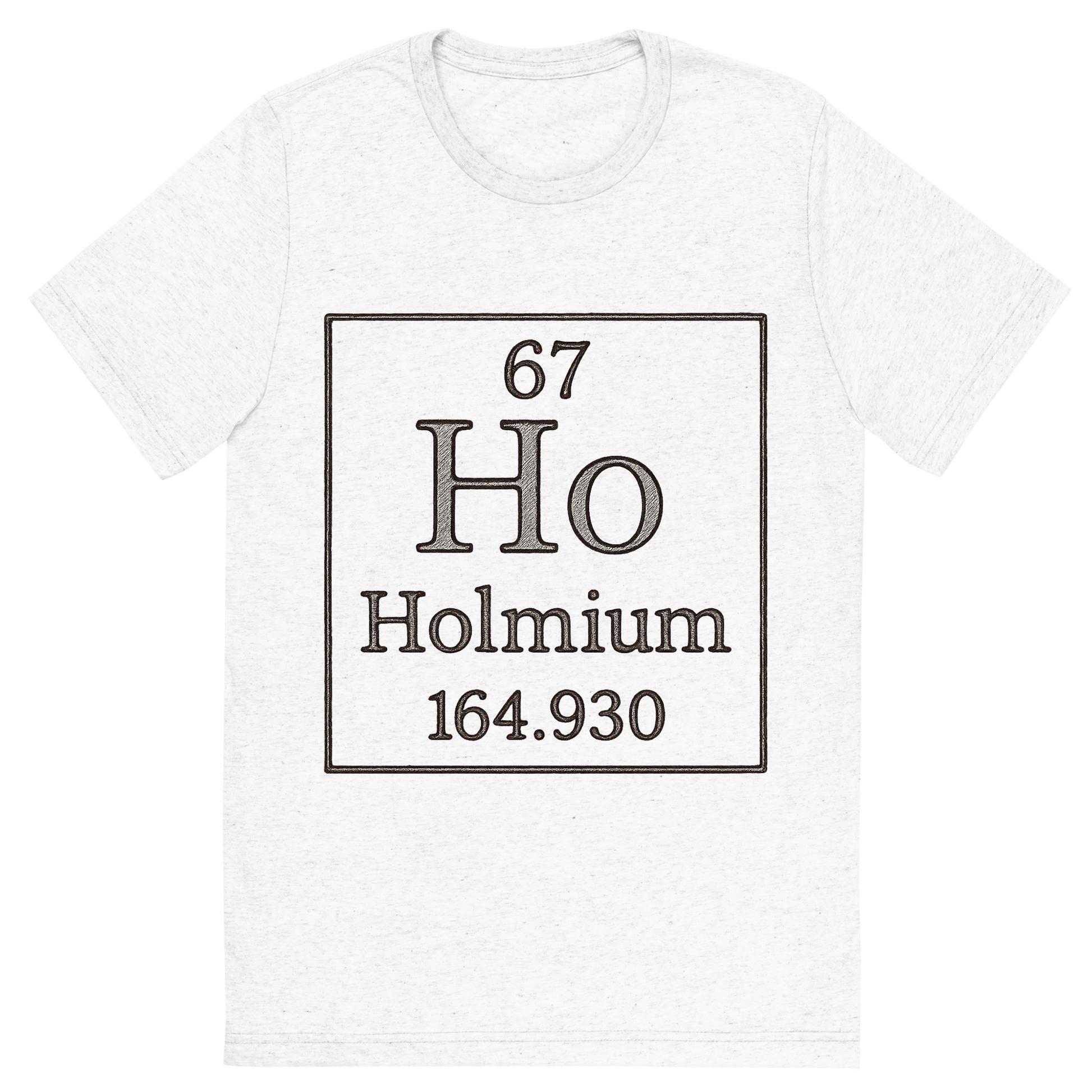 Front view of a Premium Tri-Blend Crew Neck T-Shirt in Solid White showing 'A line art, nostalgic graphic of holmium's entry on the periodic table, use a dark color for the lines and text'