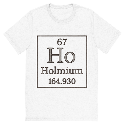 Front view of a Premium Tri-Blend Crew Neck T-Shirt in Solid White showing 'A line art, nostalgic graphic of holmium's entry on the periodic table, use a dark color for the lines and text'
