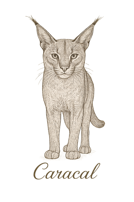 A flat, neutral graphic of a fine-line sketch of a caracal with large ears and long legs. “caracal” is inscribed in graceful script beneath. detailed ink illustration on a white background. - a t-shirt design
