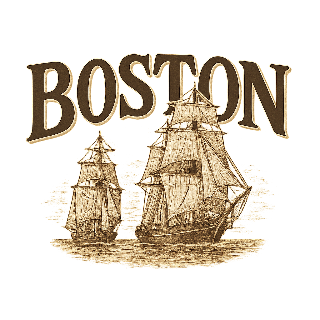 A typographic, nostalgic graphic of a typographic illustration of the words 'boston' with a vintage line art drawing of tall ships – a t-shirt design