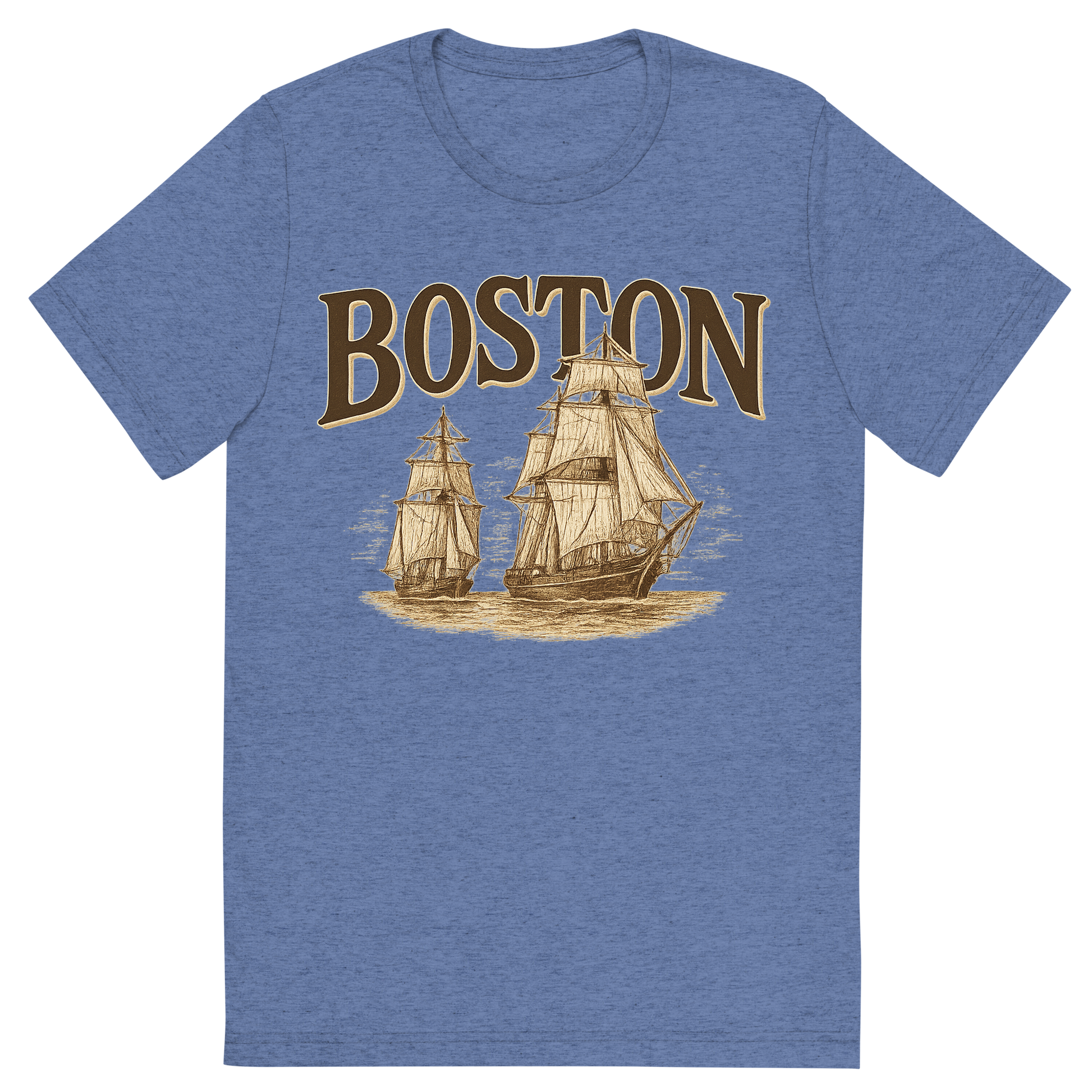 Front view of a Premium Tri-Blend Crew Neck T-Shirt in Blue showing 'A typographic, nostalgic graphic of a typographic illustration of the words 'boston' with a vintage line art drawing of tall ships'