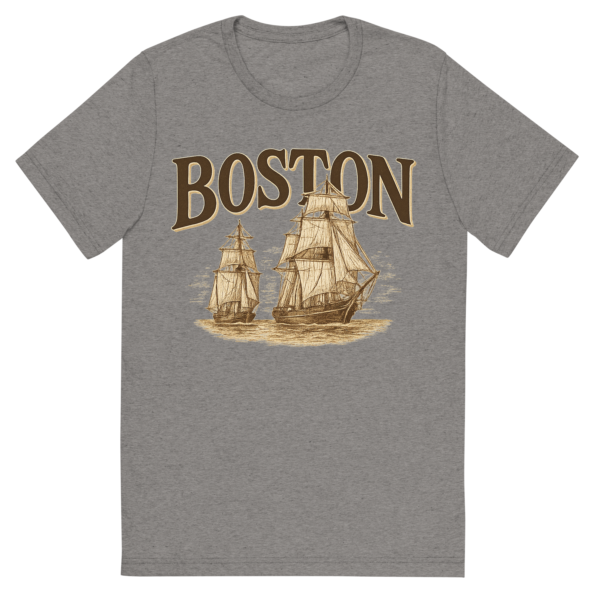 Front view of a Premium Tri-Blend Crew Neck T-Shirt in Grey showing 'A typographic, nostalgic graphic of a typographic illustration of the words 'boston' with a vintage line art drawing of tall ships'